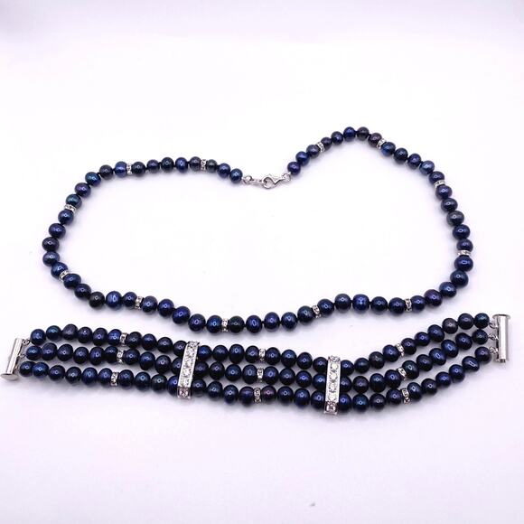 Danbury Mint Midnight Spell Cultured Pearls 925 Silver Set Bracelet and Necklace - Picture 8 of 10